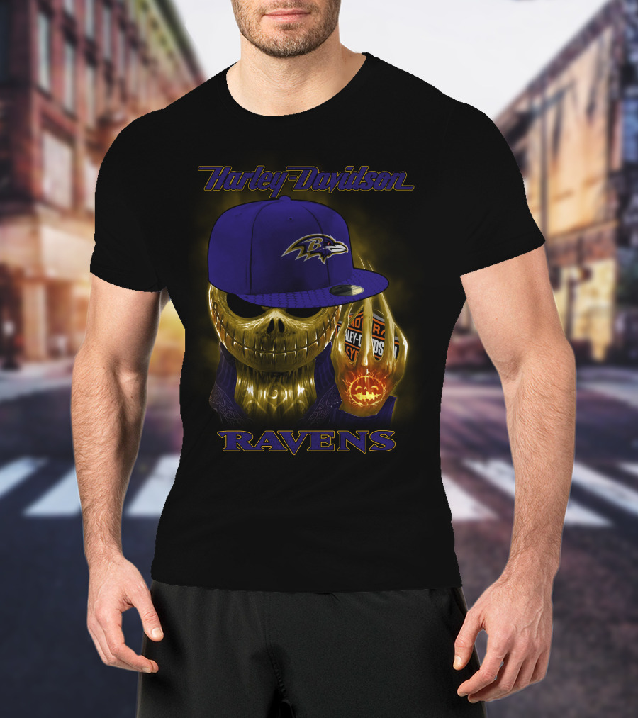 Harley Davidson Ravens Baltimore Skull With Cap T-Shirt