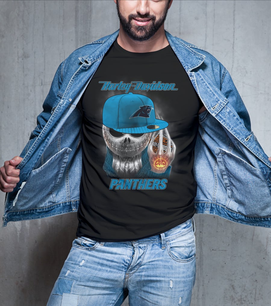 Harley Davidson Panthers Skull In Carolina Panthers Cap With Fiery Pumpkin And Harley Hand T-Shirt