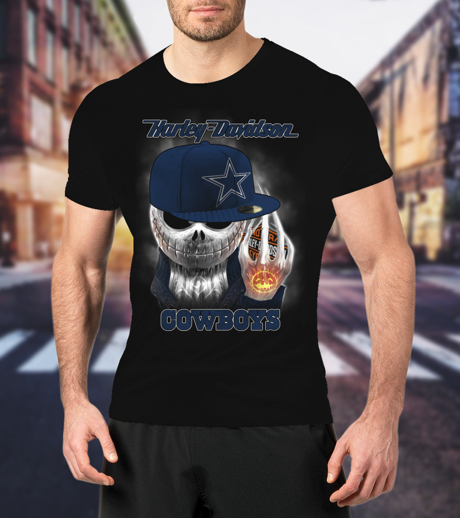 Harley Davidson Cowboys Skull With Dallas Cowboys Cap T-Shirt