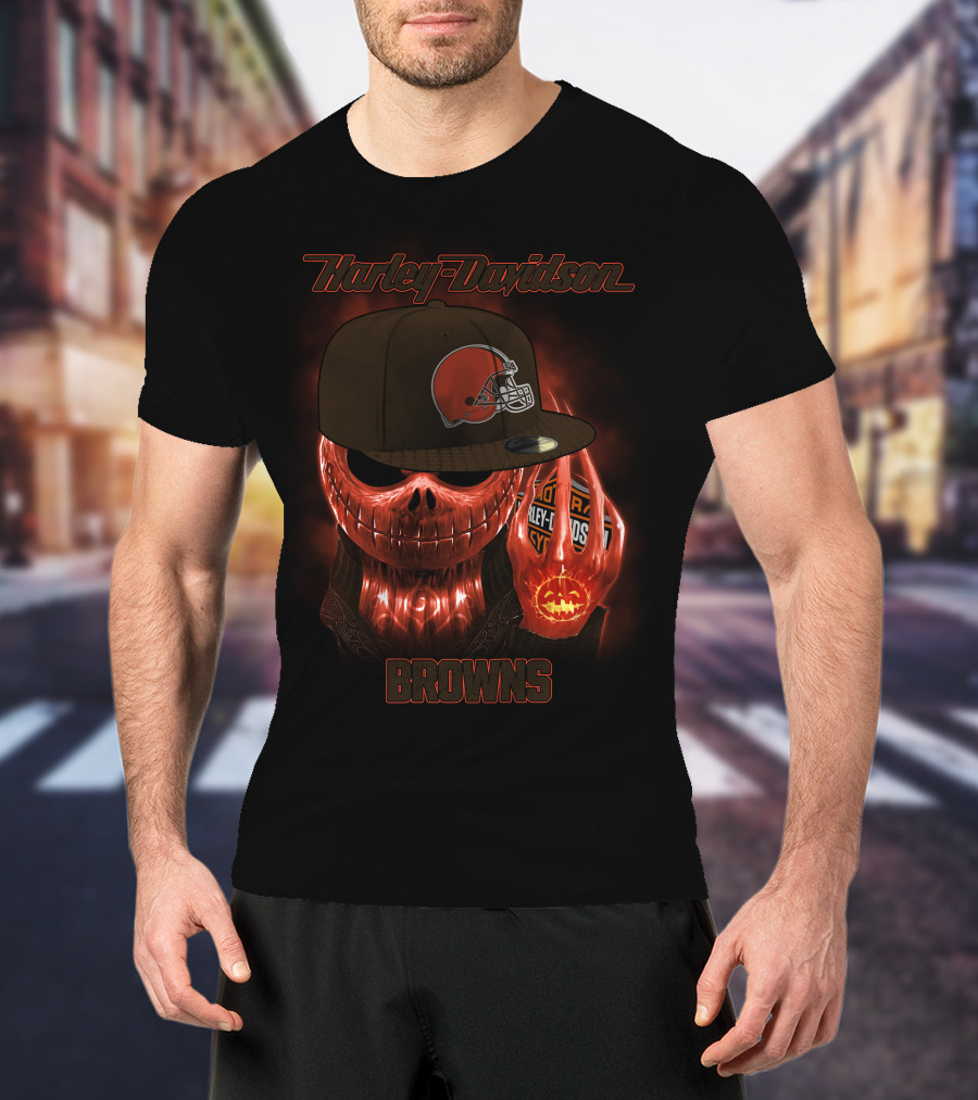 Harley Davidson Cleveland Browns Skeleton With Helmet Cap T-Shirt