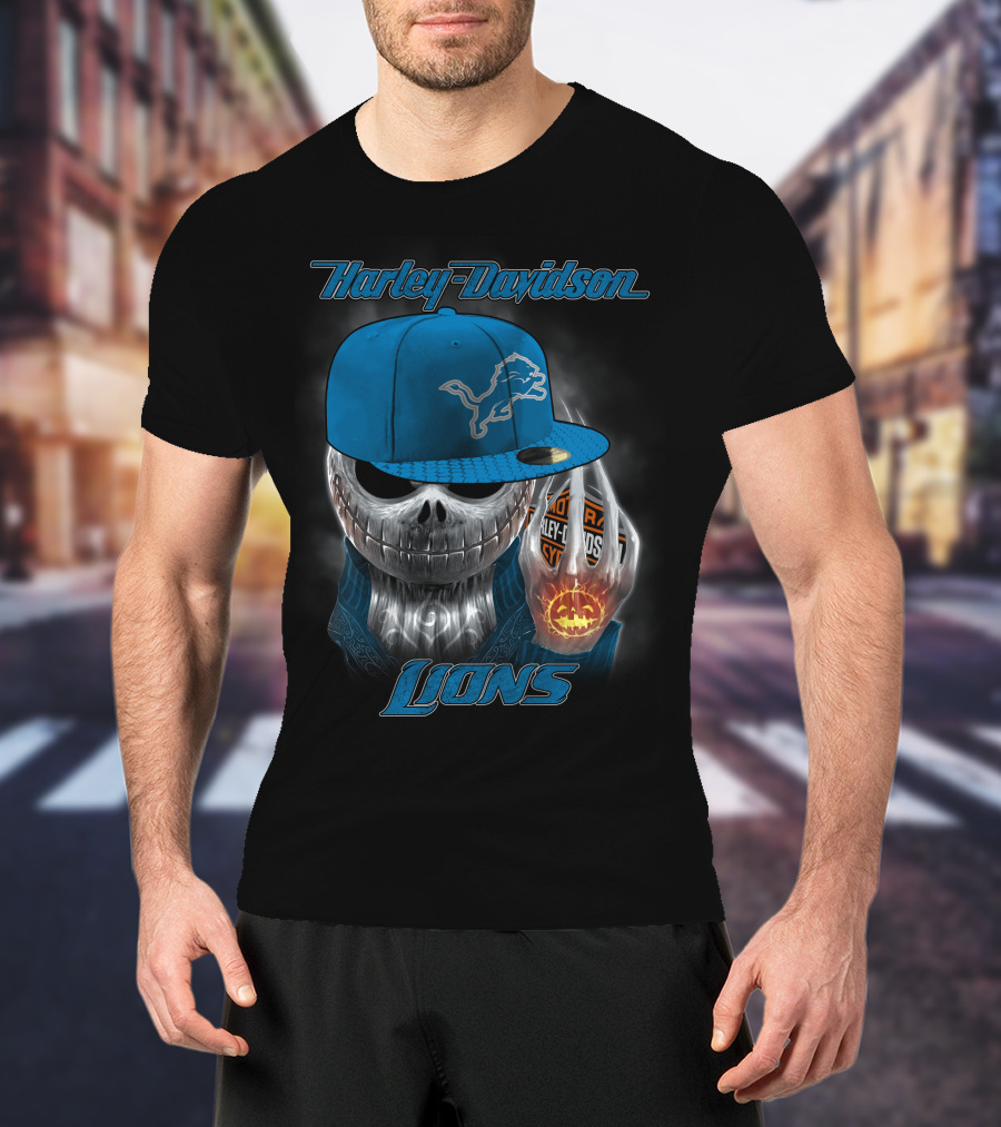 Harley Davidson Detroit Lions Skull With Cap Halloween Pumpkin T-Shirt
