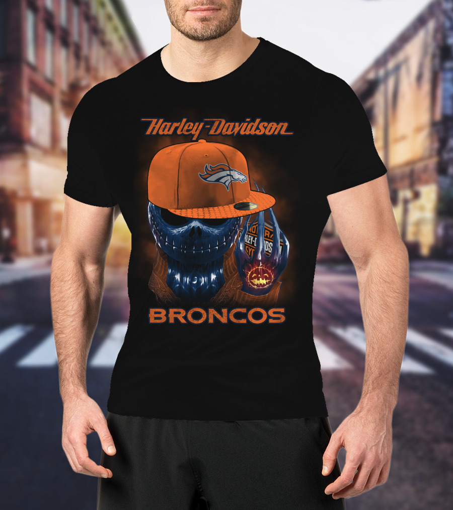 Harley Davidson Broncos Denver Broncos Skull With Hat T-Shirt