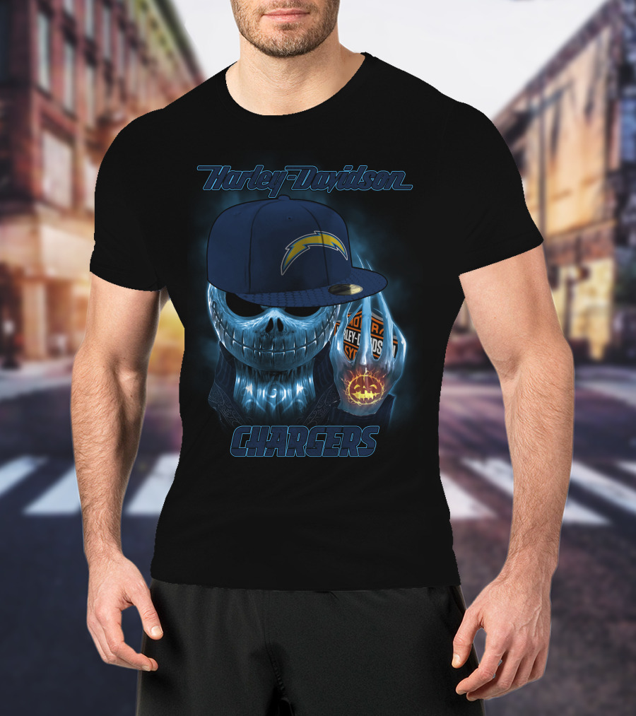 Harley Davidson Los Angeles Chargers Halloween Skeleton With Cap T-Shirt