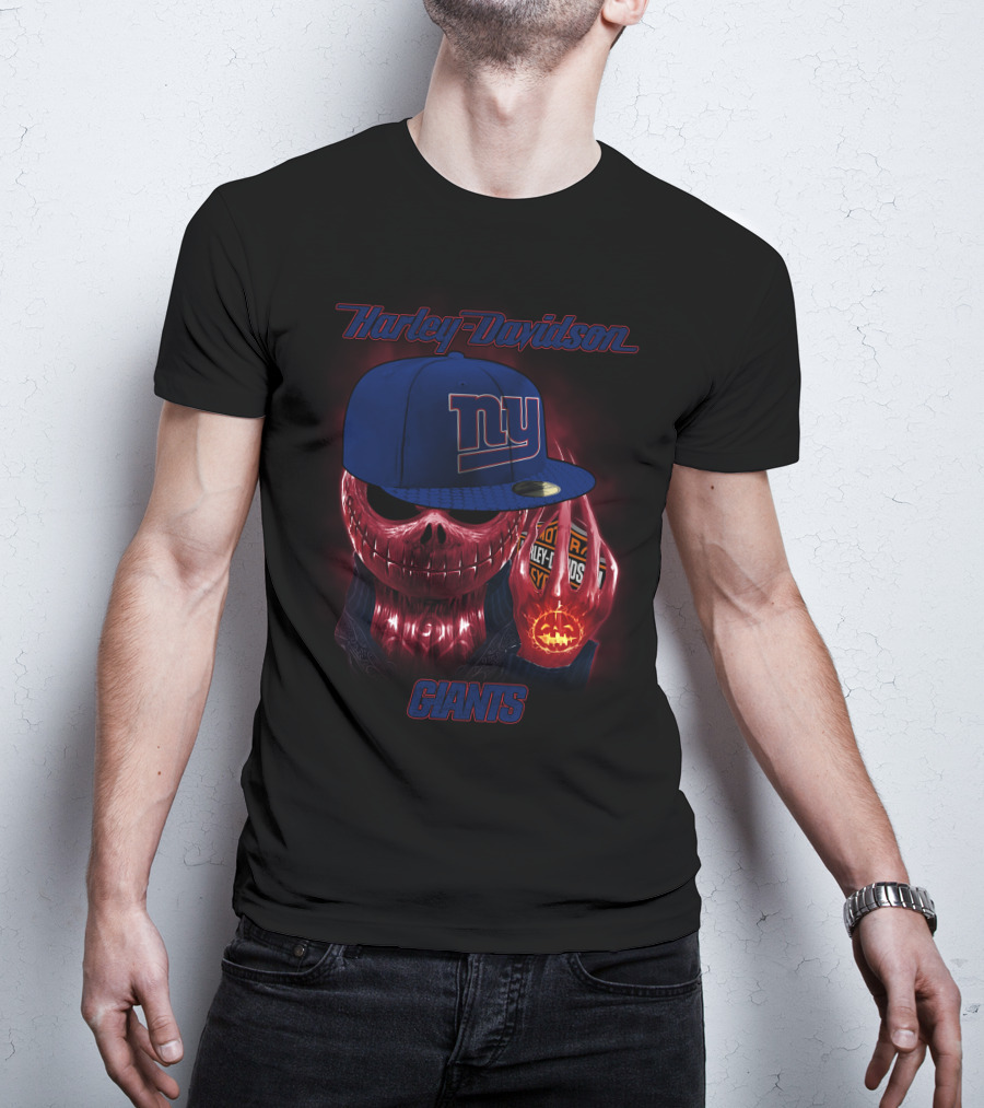 Harley Davidson New York Giants Skull With Cap And Pumpkin Lights T-Shirt