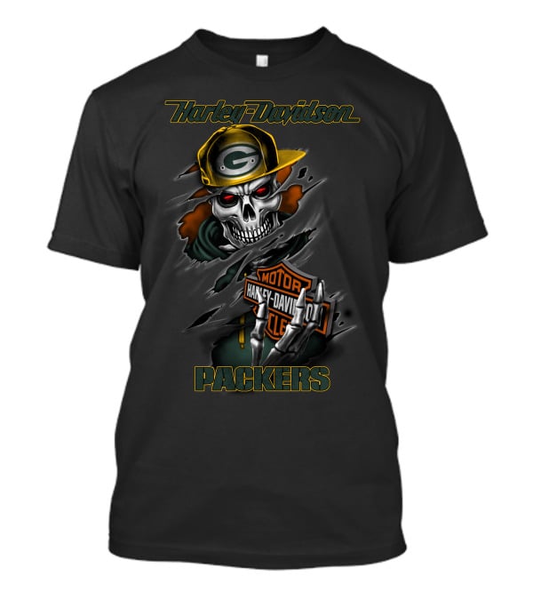 Harley Davidson Packers Skeleton In Green Bay Cap T-Shirt