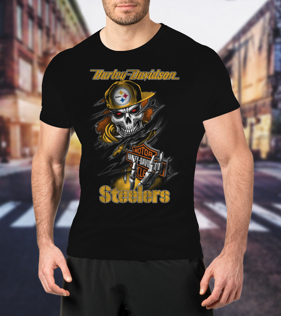 Harley Davidson Steelers Skeleton With Pittsburgh Steelers T-Shirt
