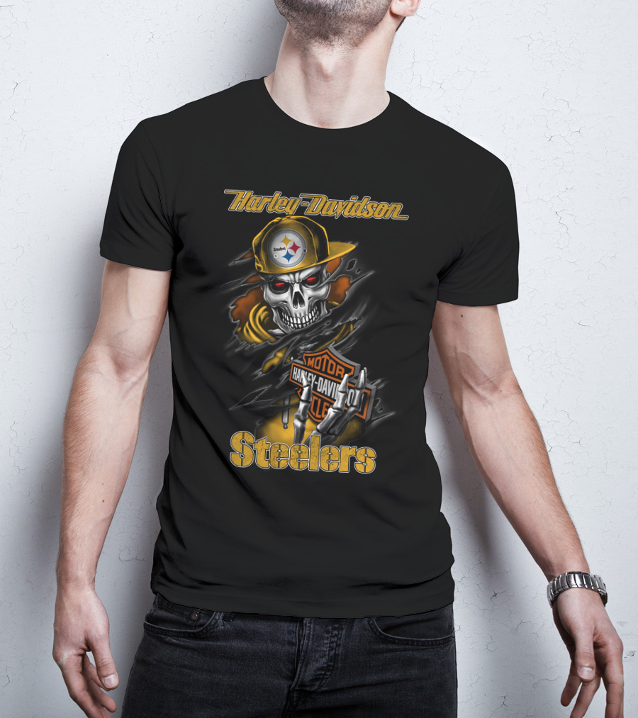 Harley Davidson Steelers Skeleton With Pittsburgh Steelers T-Shirt
