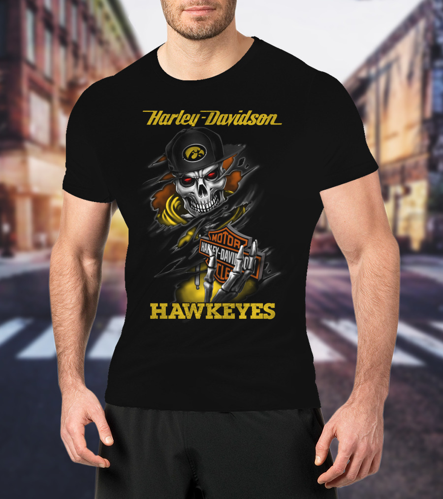 Harley Davidson Hawkeyes Skull With Iowa Logo And Motorcycle T-Shirt