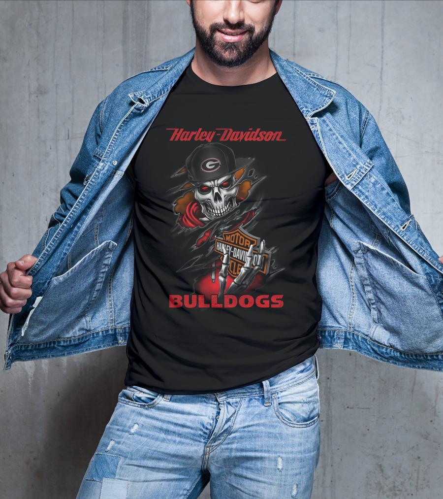 Harley Davidson Bulldogs Skull With Motor Harley Davidson Cycles And Georgia G Cap T-Shirt
