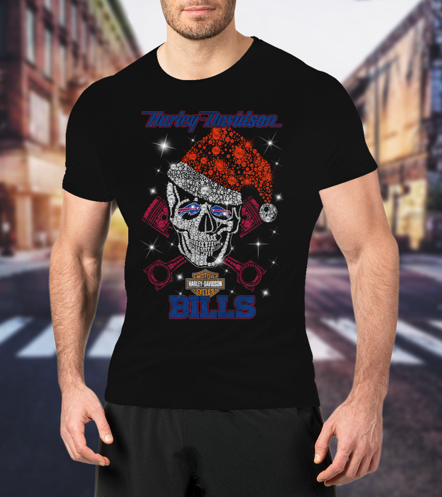 Harley Davidson Motor Cycles Santa Skull Buffalo Bills T-Shirt