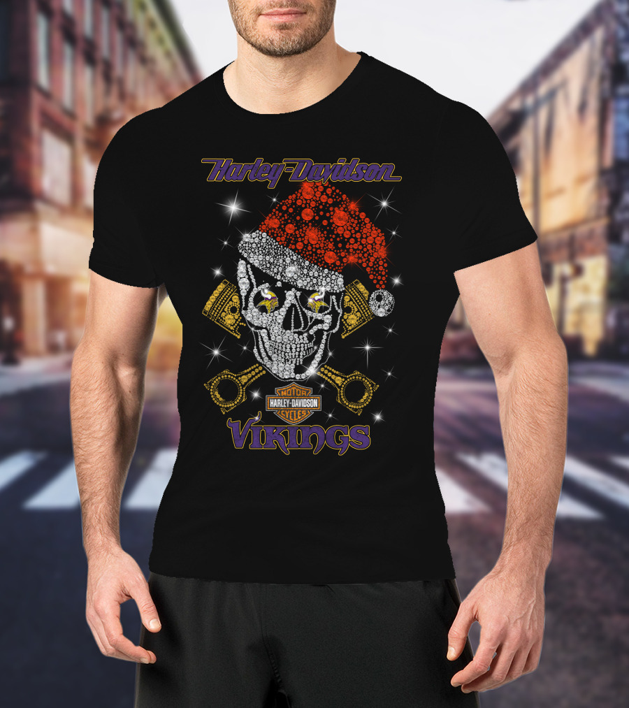 Harley Davidson Christmas Skull Motorcycles Minnesota Vikings T-Shirt