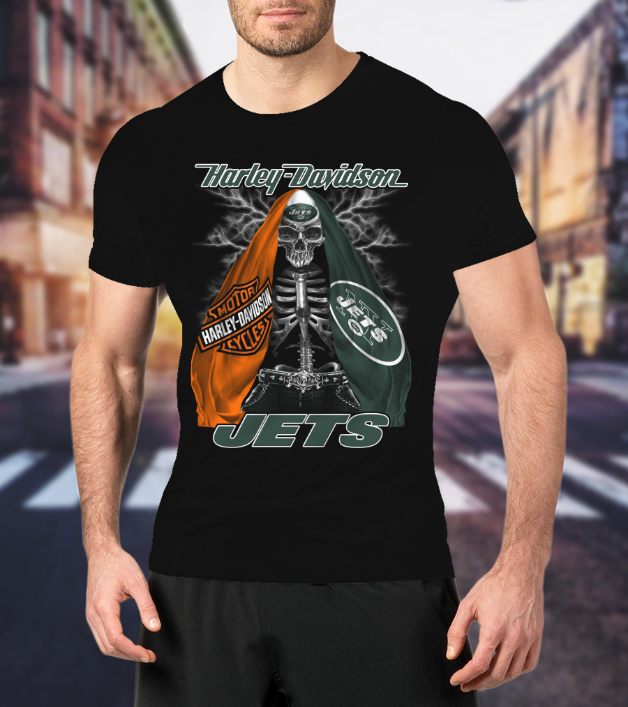 Harley Davidson New York Jets Skeleton With Flag And Lightning T-Shirt