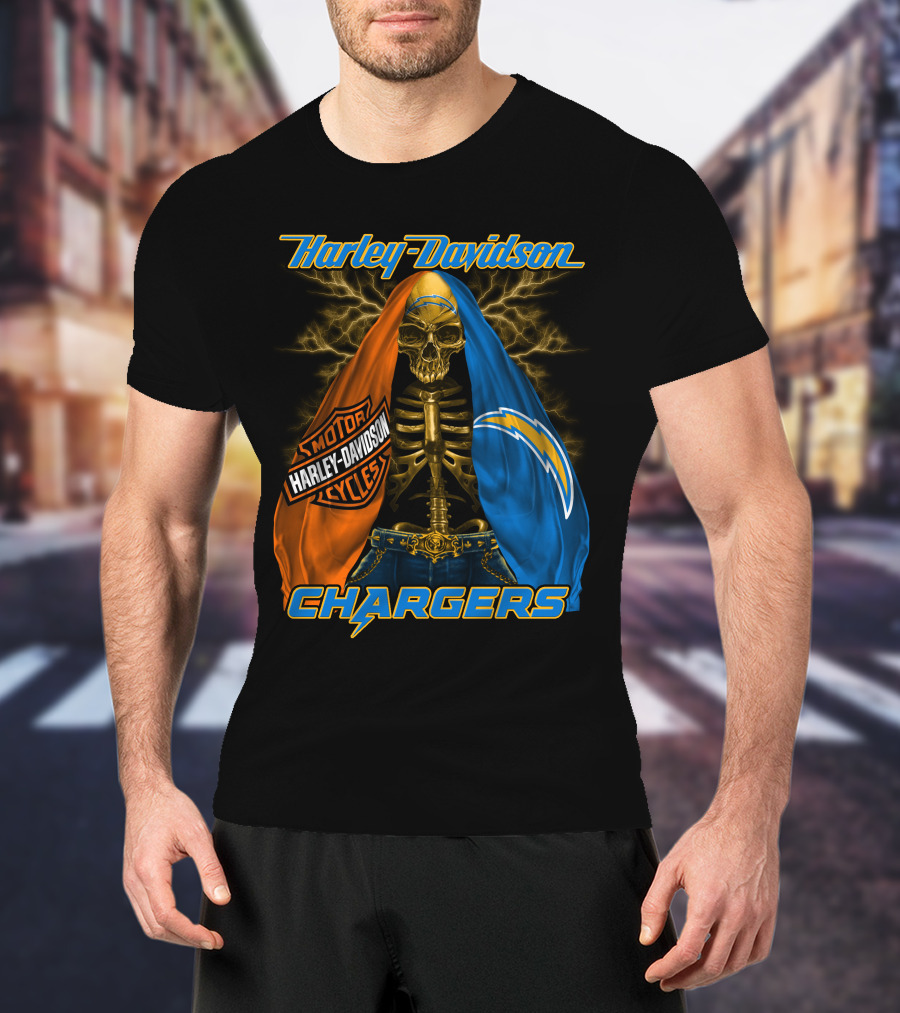 Harley Davidson Los Angeles Chargers Skeleton With Lightning Bolt And Motorcycle T-Shirt