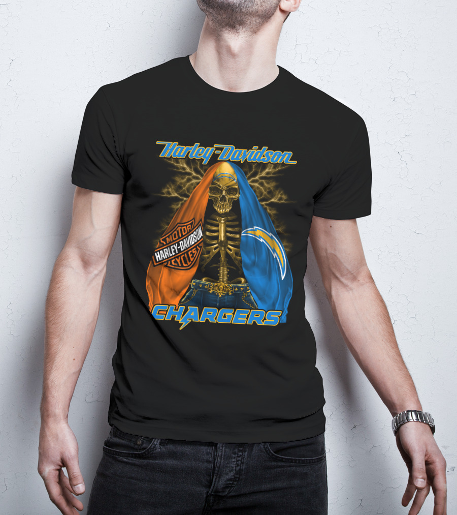 Harley Davidson Los Angeles Chargers Skeleton With Lightning Bolt And Motorcycle T-Shirt