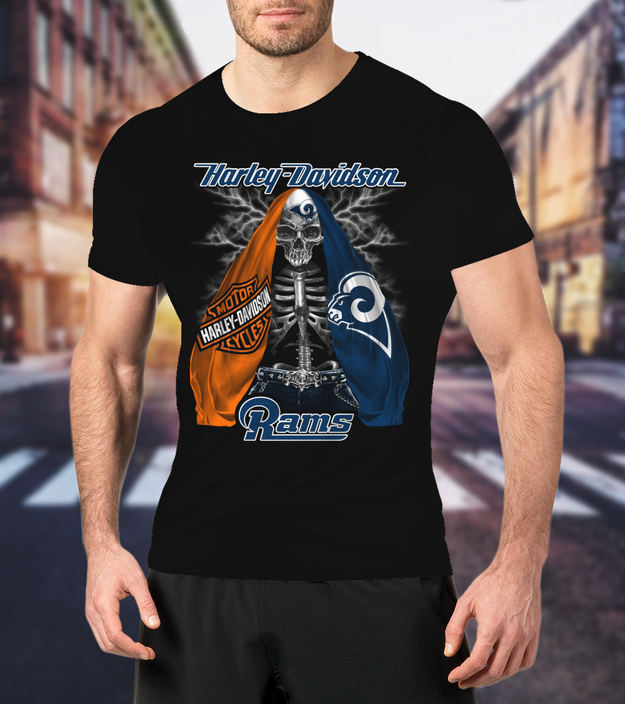 Harley Davidson Los Angeles Rams Motorcycles Skeleton T-Shirt