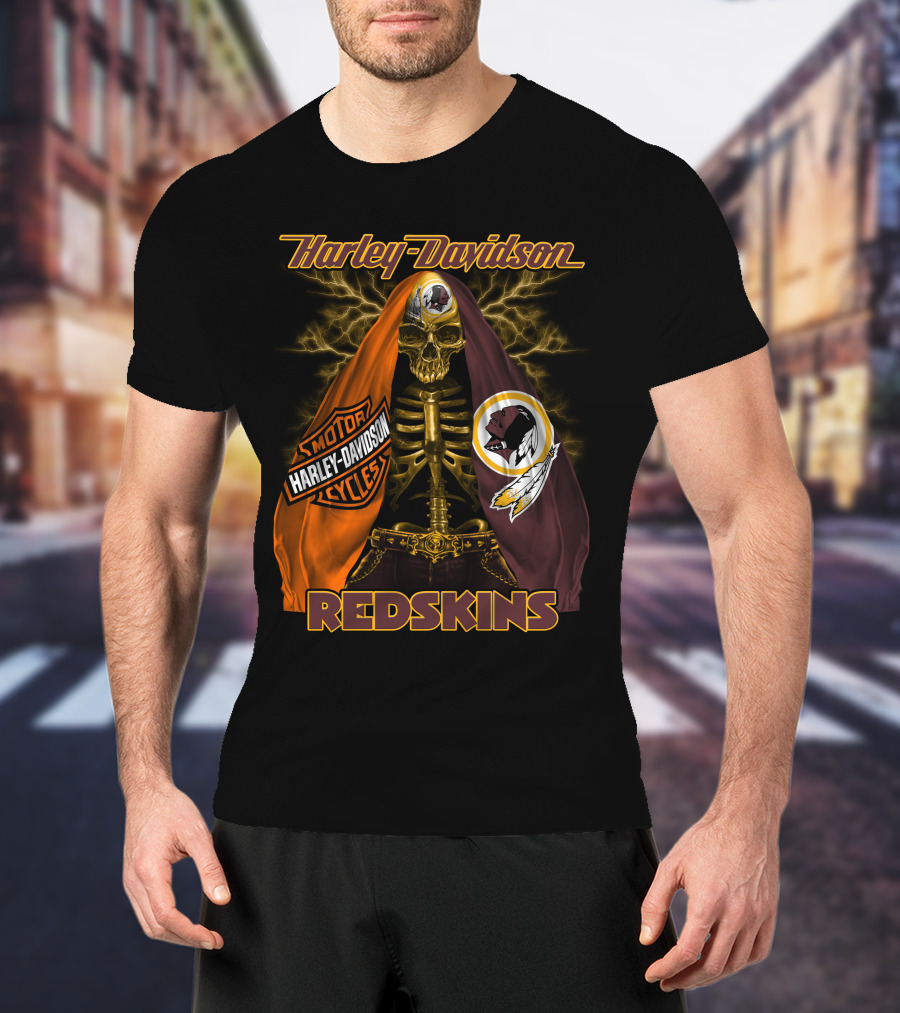 Harley Davidson Redskins Skeleton With Motorcycles And Team Emblems T-Shirt