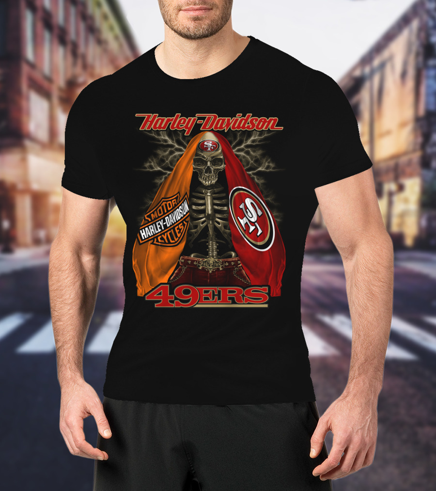 Harley Davidson San Francisco 49ers Skeleton With Motorcycles And S T-Shirt