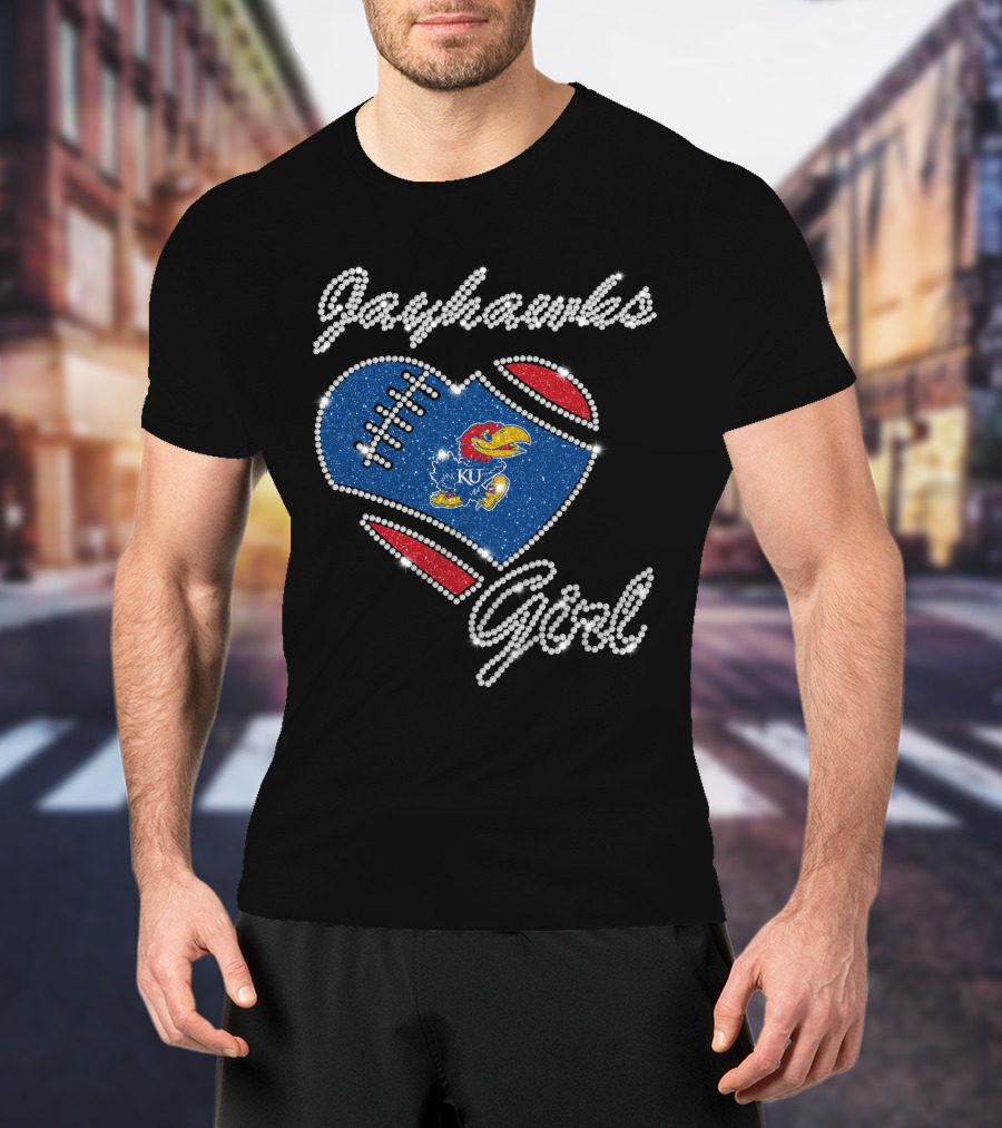 Jayhawks Girl Heart Ku Football T-Shirt
