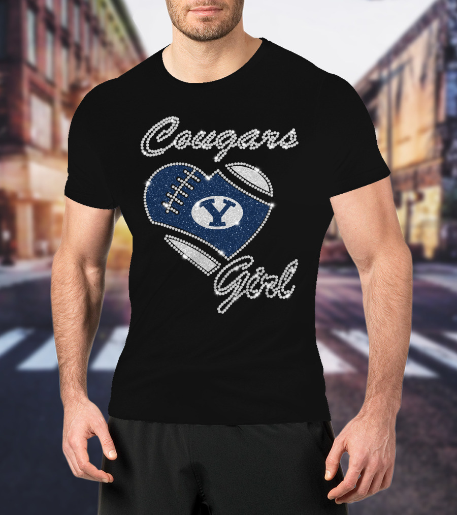 Byu Cougars Girl Football Heart Crystal T-Shirt