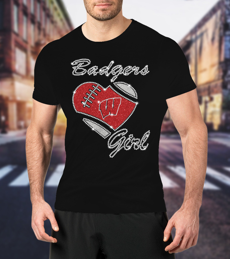 Badgers Girl Wisconsin Football Heart Rhinestone T-Shirt