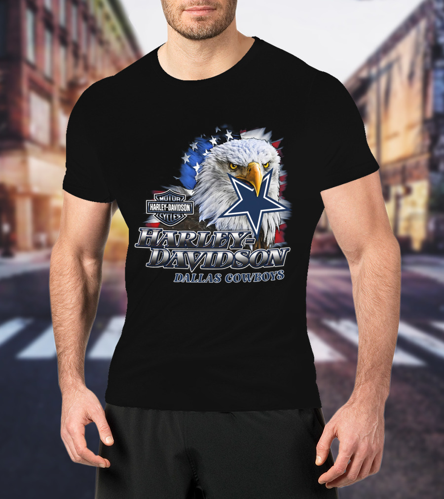 Harley Davidson Dallas Cowboys Motor Cycles Eagle Flag Star T-Shirt