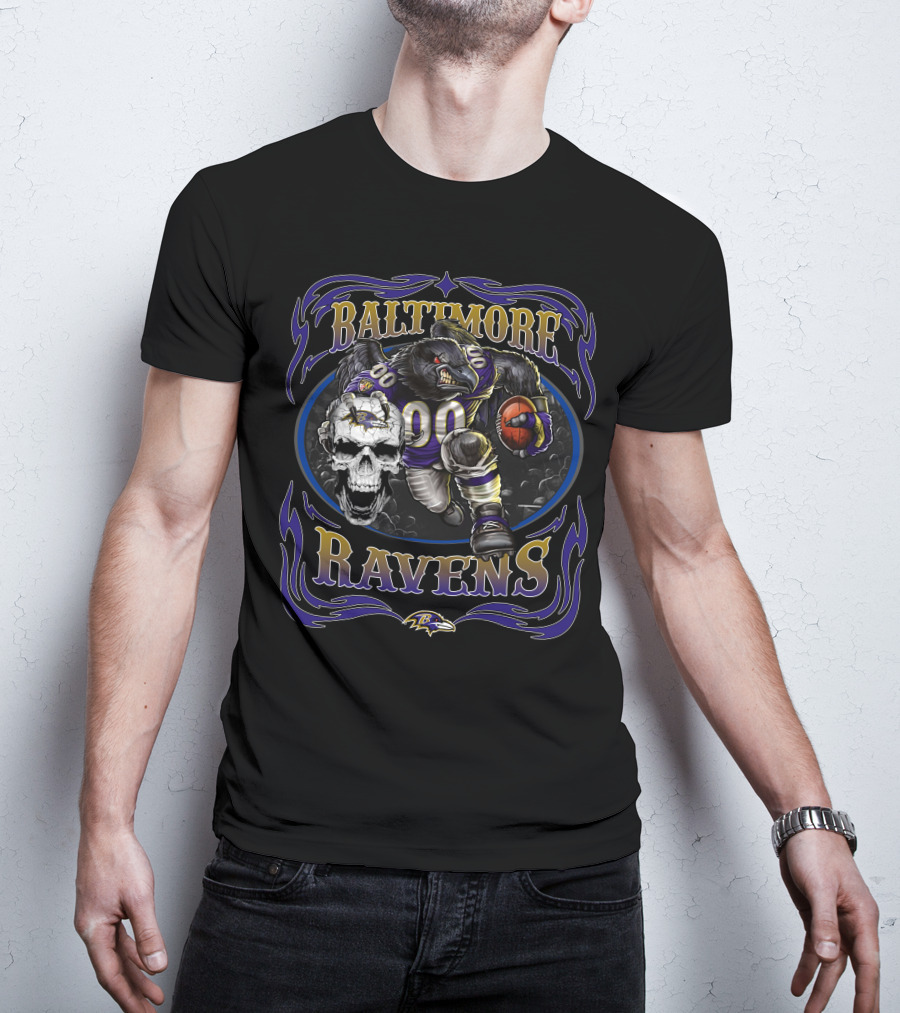Baltimore Ravens Fierce Skull And Raven Player With Football T-Shirt