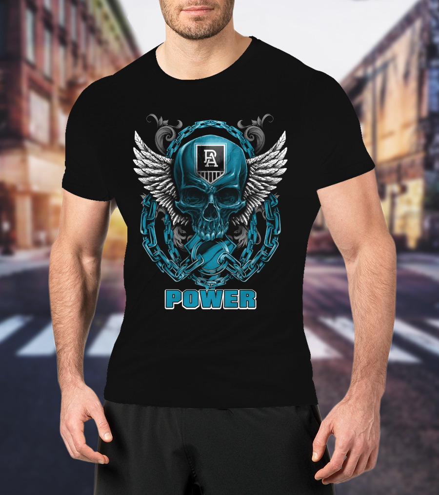 Port Adelaide Power Skull With Chains And Wings T-Shirt