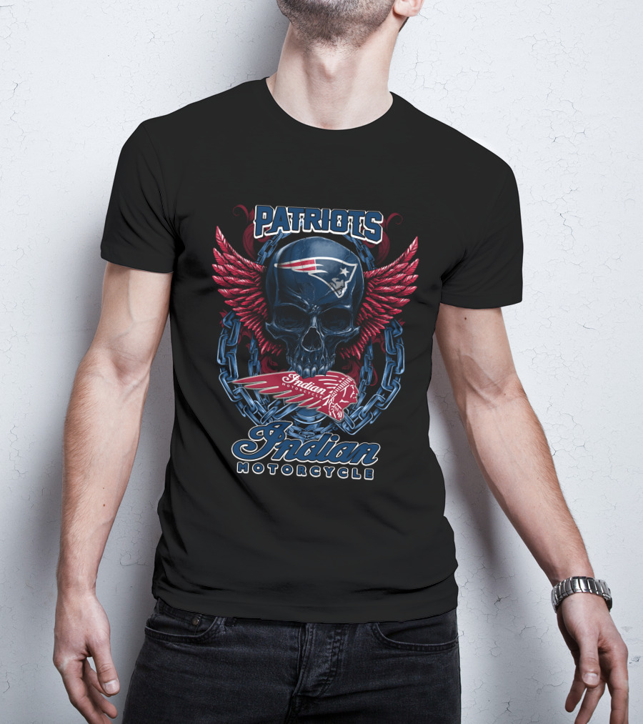 Patriots Skull With Indian Motorcycle Wings And Chains T-Shirt