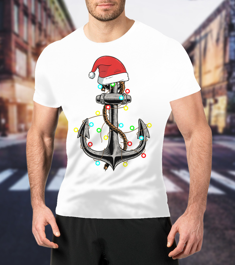 Christmas Lights Santa Hat Anchor Boating Sailing Funny Boat T-Shirt