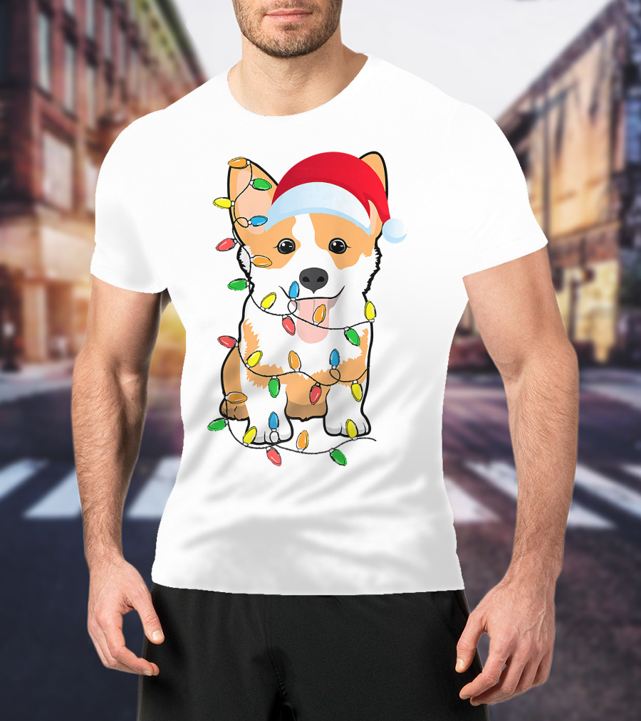 Christmas Corgi Funny Santa Hat Xmas Lights Raglan Baseball T-Shirt