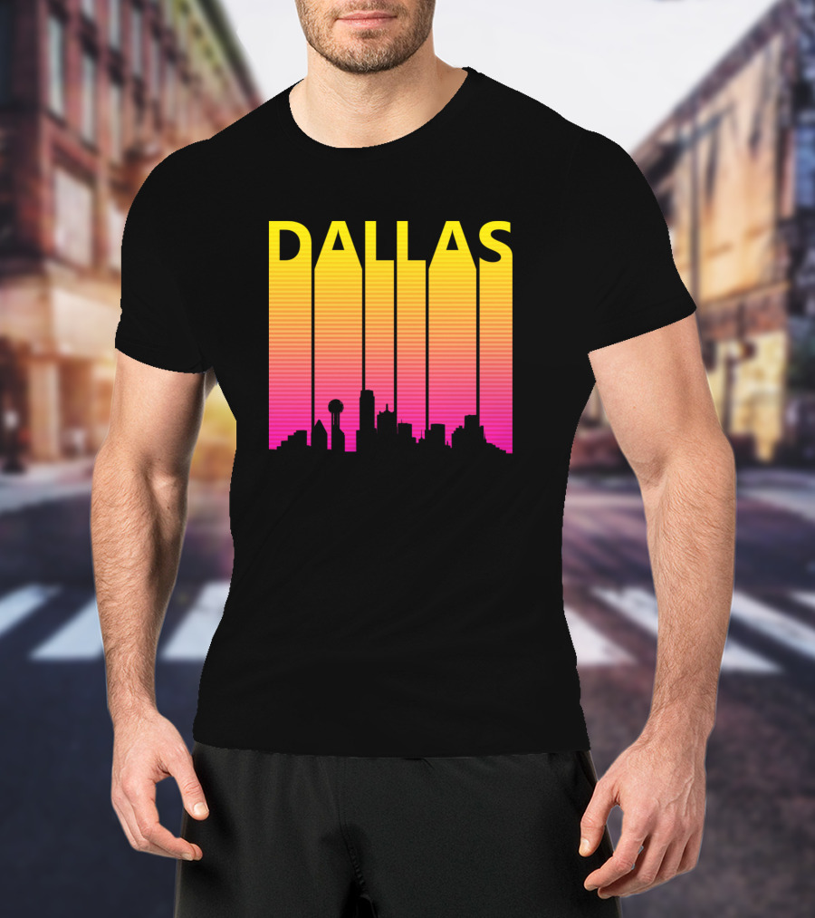 Dallas 1980s Retro Skyline Silhouette In Neon Gradient T-Shirt