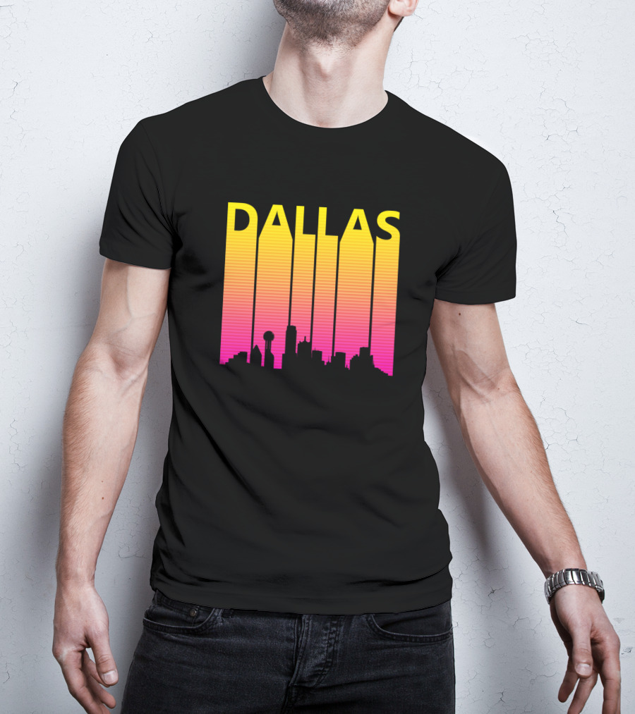 Dallas 1980s Retro Skyline Silhouette In Neon Gradient T-Shirt