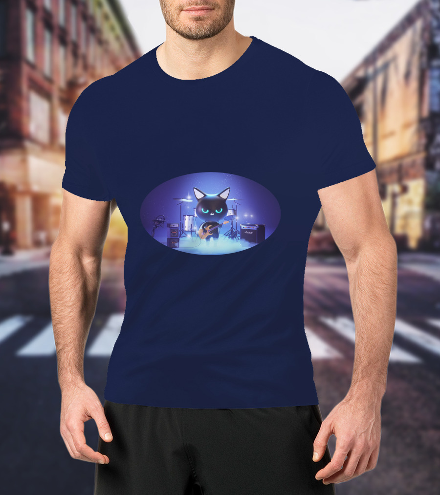 Cat Playing Guitar On Stage With Drums And Amps T-Shirt