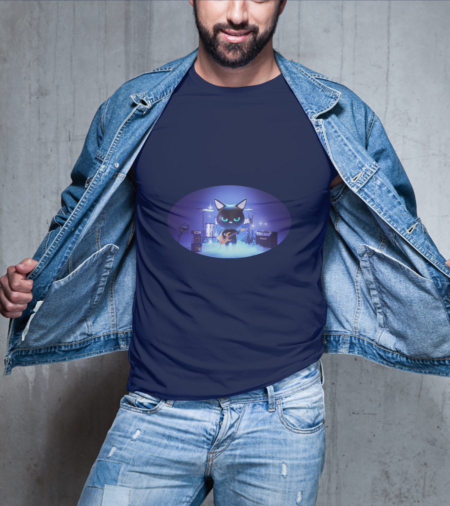 Cat Playing Guitar On Stage With Drums And Amps T-Shirt