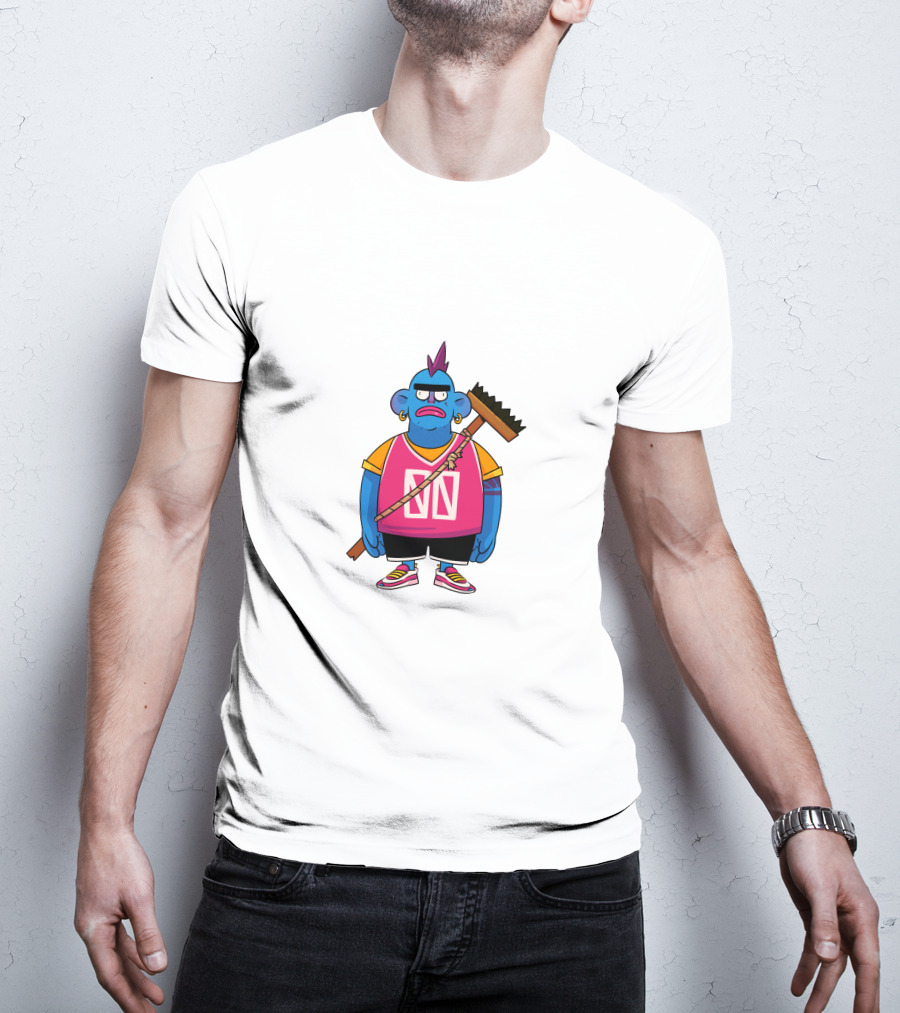 DA CREW Blue Cartoon Character With Broom And Purple Mohawk T-Shirt