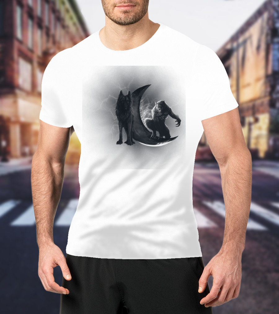 300219 Wolf And Werewolf On Crescent Moon With Lightning T-Shirt