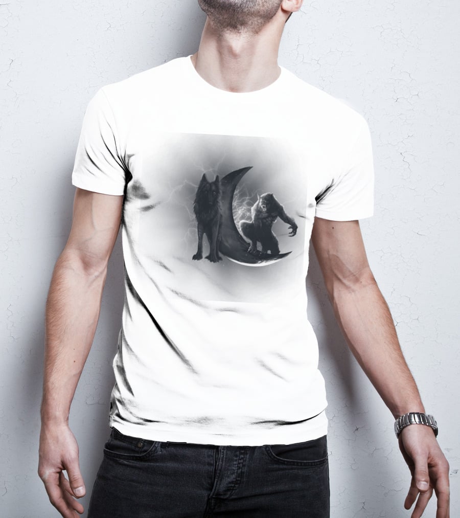 300219 Wolf And Werewolf On Crescent Moon With Lightning T-Shirt