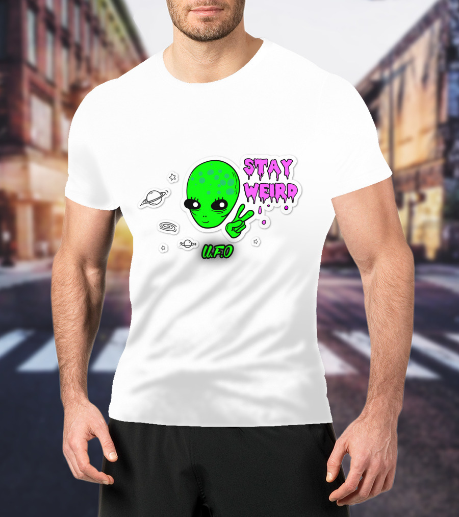 Stay Weird U.F.O. Alien Peace Sign Planet Stickers T-Shirt
