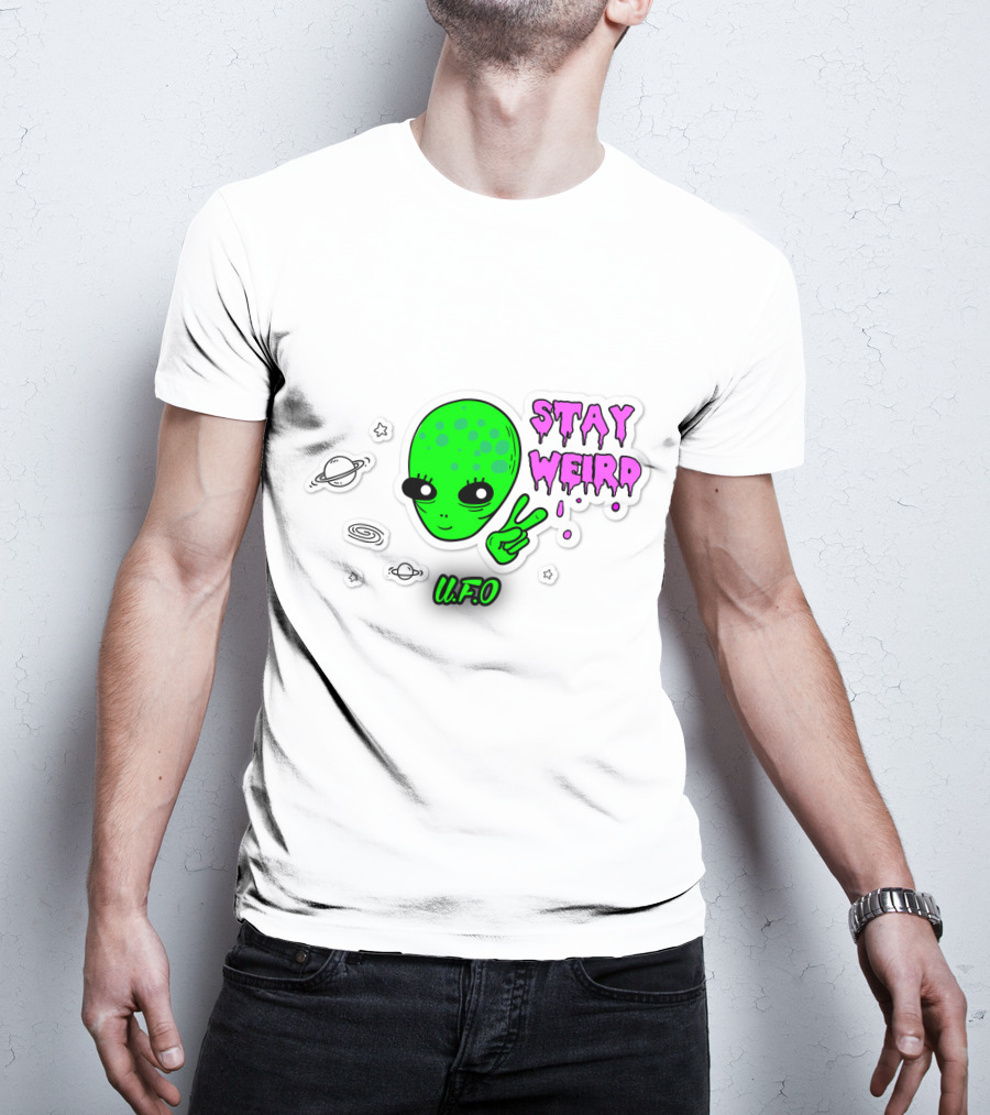 Stay Weird U.F.O. Alien Peace Sign Planet Stickers T-Shirt