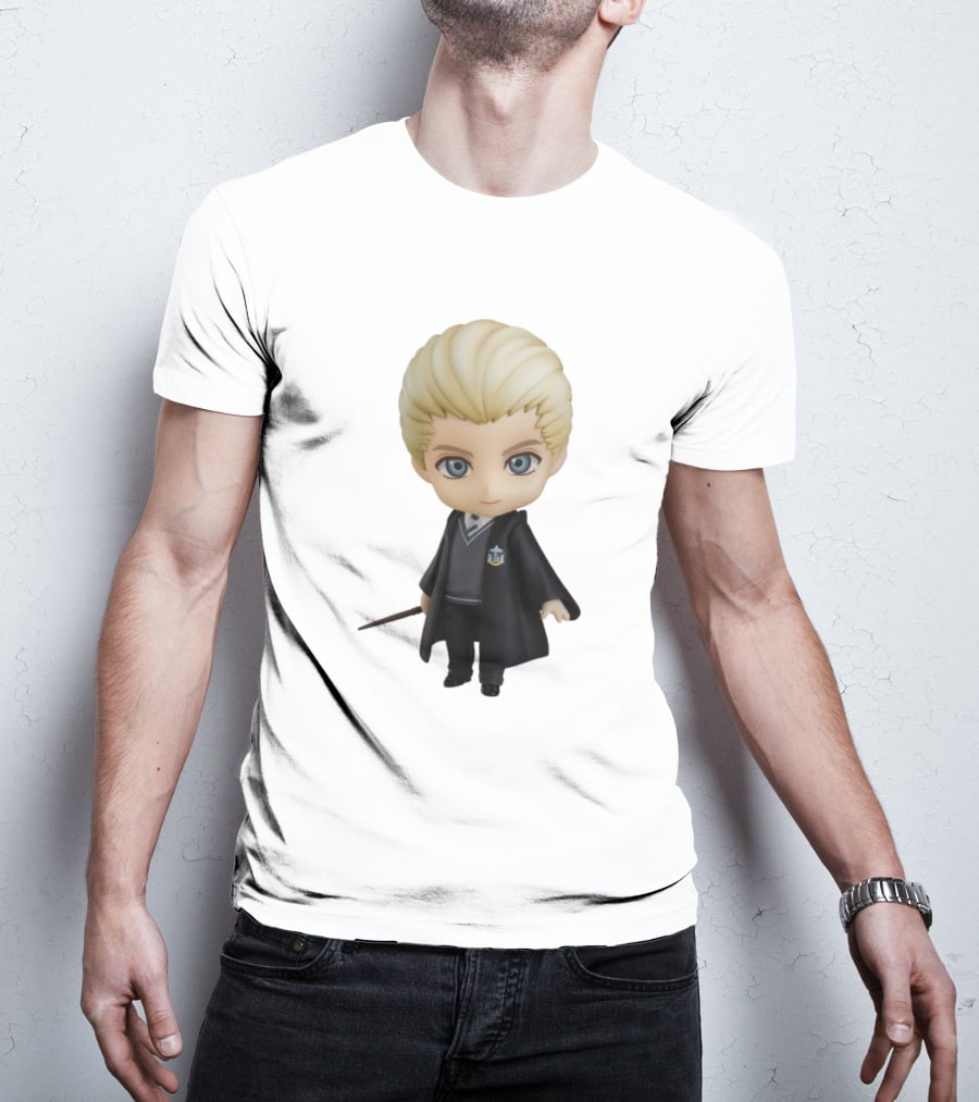 Draco Malfoy Chibi Character In Black Cloak Displaying Wand T-Shirt