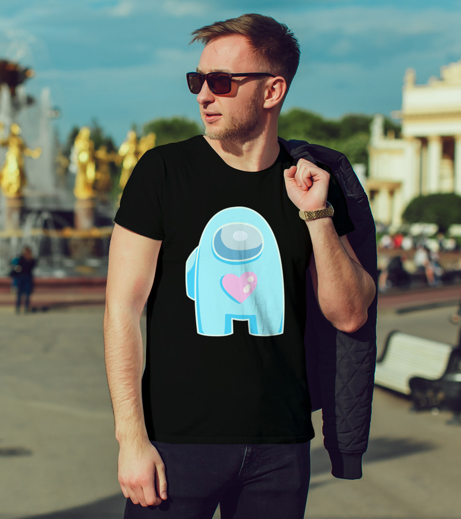 Blue Among Us Crewmate Pink Heart T-Shirt