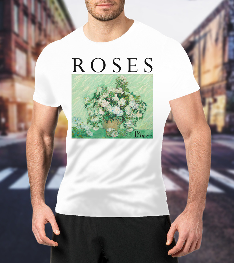 ROSES Vincent Van Gogh Green Floral Painting T-Shirt