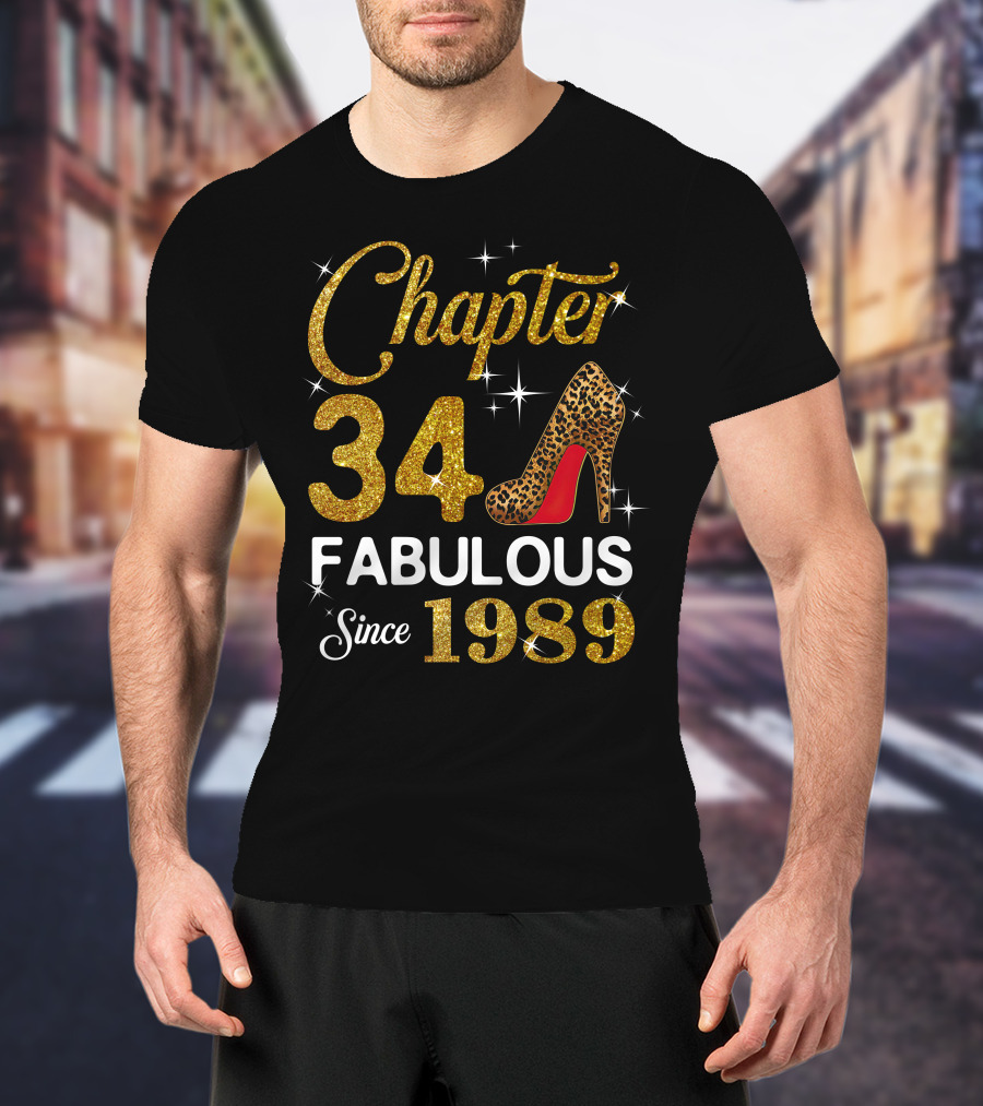 Chapter 34 Fabulous Since 1989 Golden Glitter Leopard Print Heel T-Shirt