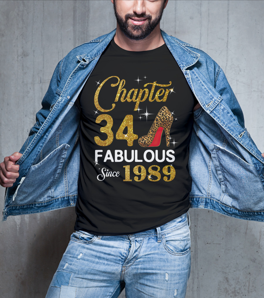 Chapter 34 Fabulous Since 1989 Golden Glitter Leopard Print Heel T-Shirt