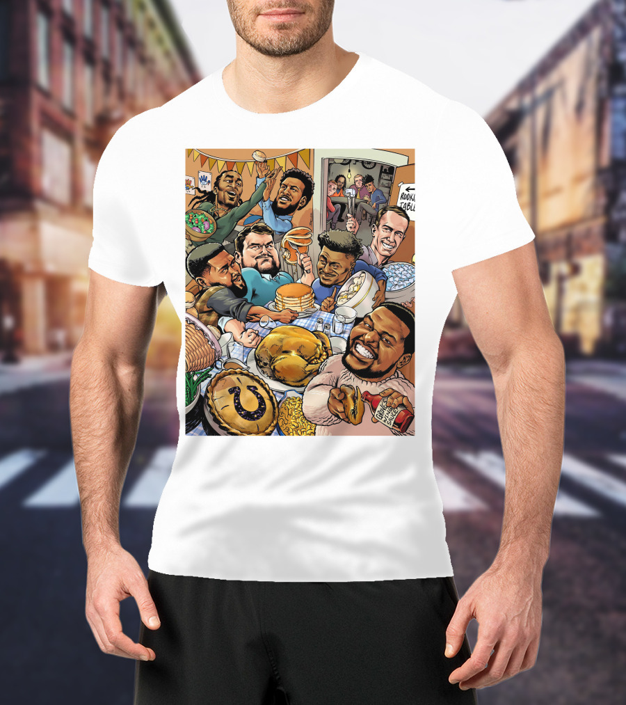 Indianapolis Colts Thanksgiving Feast Cartoon With NFL Players Celebrating T-Shirt