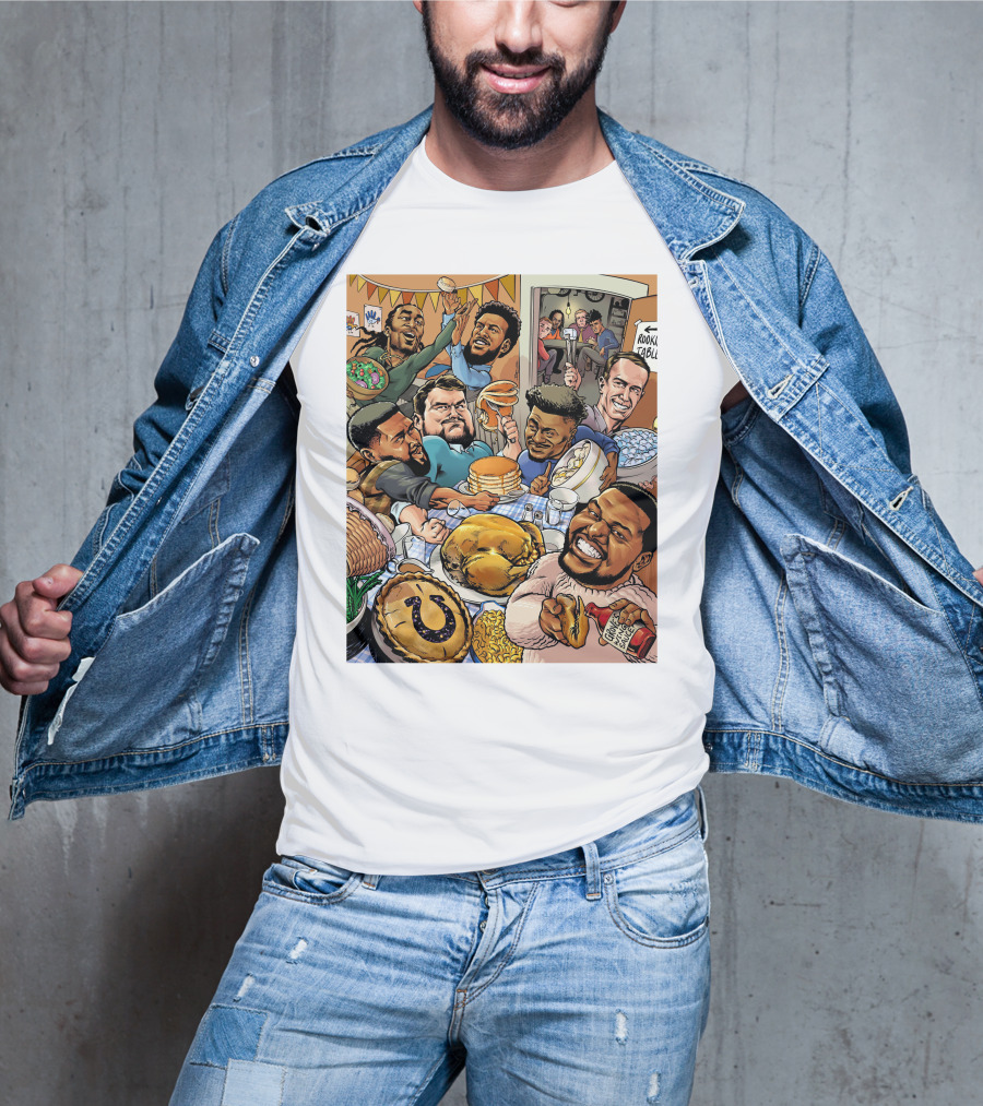 Indianapolis Colts Thanksgiving Feast Cartoon With NFL Players Celebrating T-Shirt