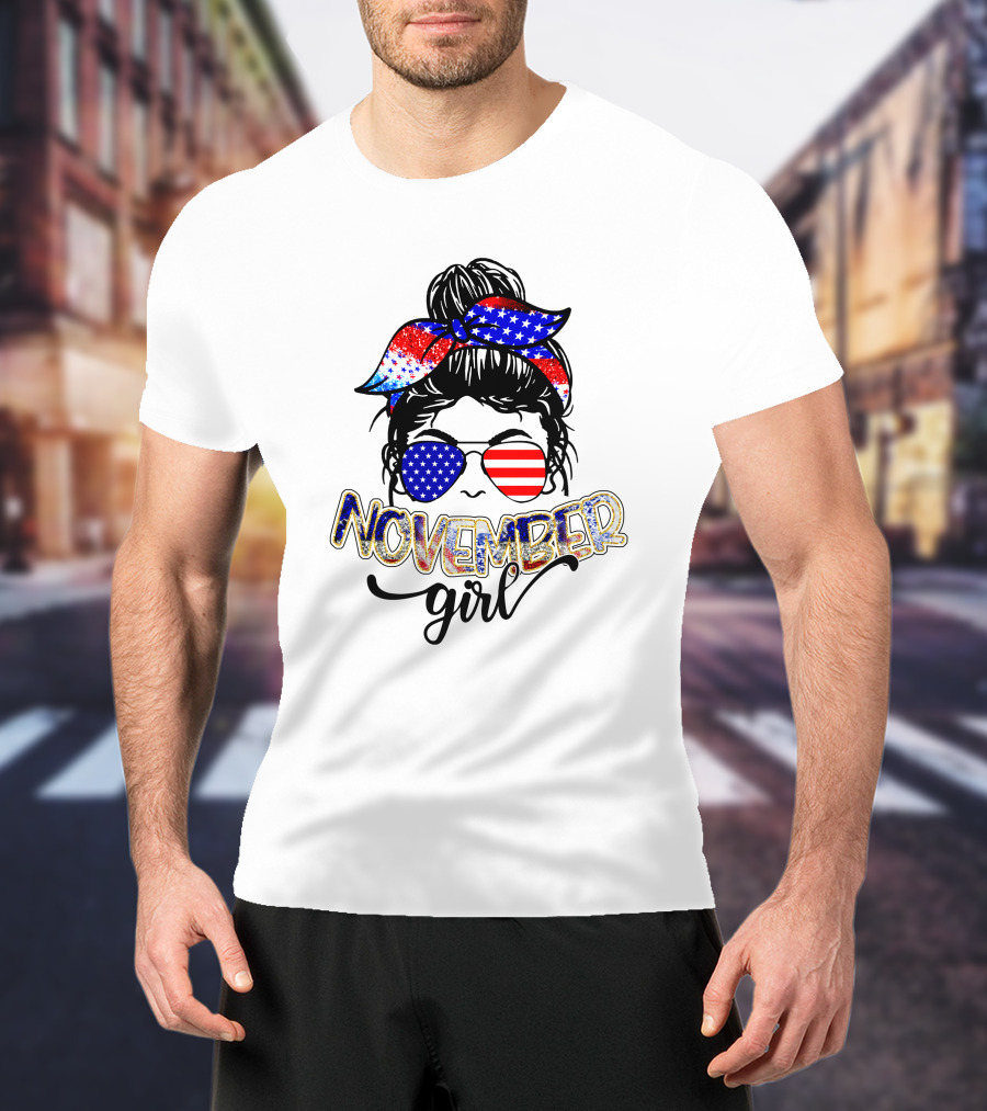 November Girl Patriotic Stars And Stripes Sunglasses And Headband T-Shirt