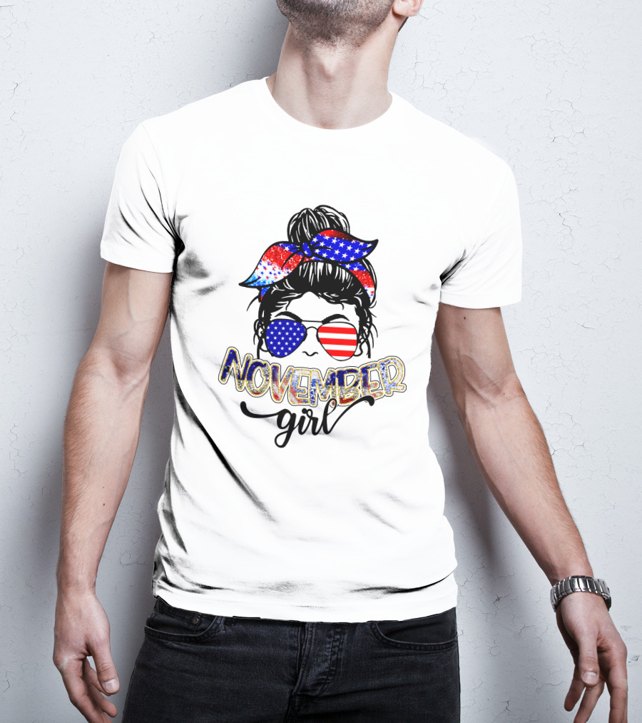 November Girl Patriotic Stars And Stripes Sunglasses And Headband T-Shirt