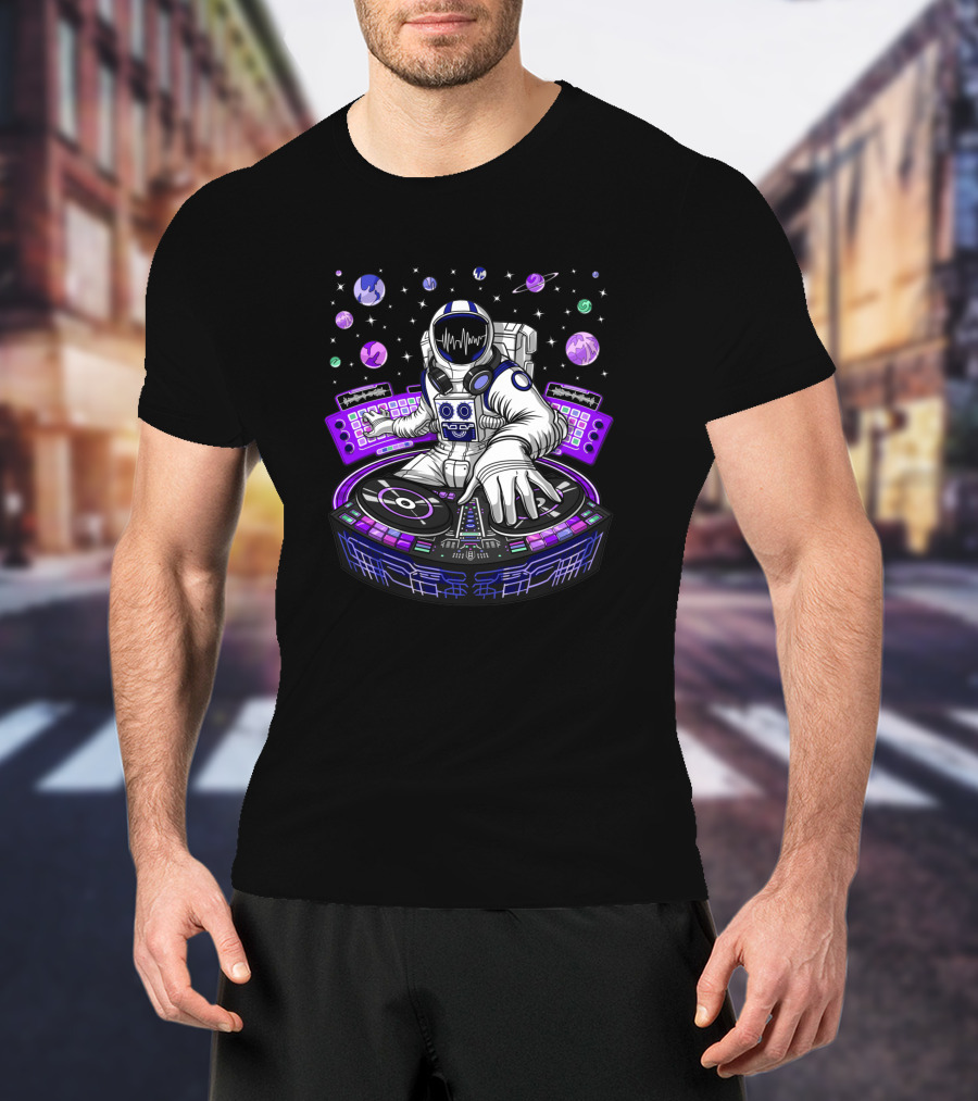 Astronaut DJ Mixing Beats With Planetary Backdrop 1382302 T-Shirt