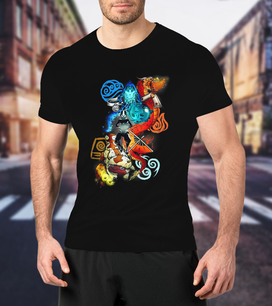 Avatar Bending Elements With Water, Earth, Fire, Air Symbols And Creatures 4828 T-Shirt